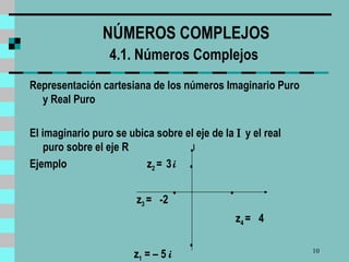 NÚMEROS COMPLEJOS 4.1. Números Complejos   Representación cartesiana de los números Imaginario Puro y Real Puro El imaginario puro  se ubica  sobre el eje de la   y el real puro sobre el eje R Ejemplo  z 2  =  3   i z 3  =  -2  z 4  =  4   z 1  = – 5  i  • • • •  