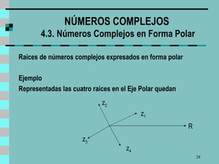 NÚMEROS COMPLEJOS  4.3.   Números Complejos en Forma Polar Raices de números complejos expresados en forma polar Ejemplo  Representadas las cuatro raices en el Eje Polar quedan z 1 z 2 z 3 z 4 R 