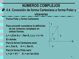 NÚMEROS COMPLEJOS 4.4. Coversión de forma Cartesiana a forma Polar y viceversa Forma Polar y forma Cartesiana Para convertir considerar la definición de los números complejos en ambas formas.  z 1  = r 1 (Cos   1 +  i  Sen   1  ) y z 1  = a + b i   En donde:  Para la forma Cartesiana será: a= r 1  Cos   1  b   = r 1   Sen   1  Para la forma Polar será:  r 1  = (a 2  + b 2 )  ½   1  = arc tan (b/a) a b  R  r 