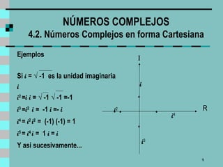 NÚMEROS COMPLEJOS 4.2. Números Complejos en forma Cartesiana Ejemplos Si  i  =  √  -1  es la unidad imaginaria i i 2   = i i  =  √  -1  √  -1 =-1 i 3   = i 2   i   =  -1  i  =-  i i 4   =  i 2  i 2  =  (-1) (-1) = 1 i 5   =  i 4  i   =  1  i  =  i Y asi sucesivamente... R  i i 2 i 4 i 3 • • • • 
