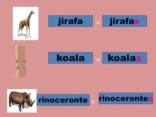 jirafa jirafas
koala koalas
rinoceronte rinocerontes
=
=
=
 