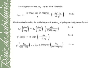 Sustituyendo las Ecs. 10, 11 y 12 en 9, tenemos:


                                                            Ec.13


Efectuando el cambio de unidades prácticas de qg, d y de μ de la siguiente forma:

                                                           Ec.14


                                                           Ec.15



                                                           Ec.16
 