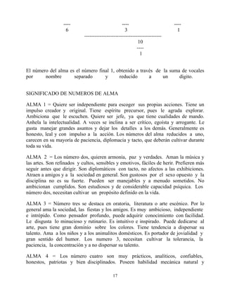 ----                            ----                      ----
                   6                                3                         1
                            ---------------------------------------------
                                                            10
                                                           ----
                                                             1


El número del alma es el número final 1, obtenido a través de la suma de vocales
por     nombre       separado      y      reducido      a     un     dígito.


SIGNIFICADO DE NUMEROS DE ALMA

ALMA 1 = Quiere ser independiente para escoger sus propias acciones. Tiene un
impulso creador y original. Tiene espíritu precursor, pues le agrada explorar.
Ambiciona que le escuchen. Quiere ser jefe, ya que tiene cualidades de mando.
Anhela la intelectualidad. A veces se inclina a ser crítico, egoísta y arrogante. Le
gusta manejar grandes asuntos y dejar los detalles a los demás. Generalmente es
honesto, leal y con impulso a la acción. Los números del alma reducidos a uno,
carecen en su mayoría de paciencia, diplomacia y tacto, que deberán cultivar durante
toda su vida.

ALMA 2 = Los número dos, quieren armonía, paz y verdades. Aman la música y
las artes. Son refinados y cultos, sensibles y emotivos, fáciles de herir. Prefieren más
seguir antes que dirigir. Son diplomáticos con tacto, no afectos a las exhibiciones.
Atraen a amigos y a la sociedad en general. Son gustosos por el sexo opuesto y la
disciplina no es su fuerte. Pueden ser manejables y a menudo sometidos. No
ambicionan cumplidos. Son estudiosos y de considerable capacidad psíquica. Los
número dos, necesitan cultivar un propósito definido en la vida.

ALMA 3 = Número tres se destaca en oratoria, literatura o arte escénico. Por lo
general ama la sociedad, las fiestas y los amigos. Es muy ambicioso, independiente
e intrépido. Como pensador profundo, puede adquirir conocimiento con facilidad.
Le disgusta lo minucioso y rutinario. Es intuitivo e inspirado. Puede dedicarse al
arte, pues tiene gran dominio sobre los colores. Tiene tendencia a dispersar su
talento. Ama a los niños y a los animalitos domésticos. Es portador de jovialidad y
gran sentido del humor. Los numero 3, necesitan cultivar la tolerancia, la
paciencia, la concentración y a no dispersar su talento.

ALMA 4 = Los número cuatro son muy prácticos, analíticos, confiables,
honestos, patriotas y bien disciplinados. Poseen habilidad mecánica natural y

                                            17
 