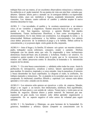 trabajan bien con sus manos, al ser excelentes observadores minuciosos y rutinarios.
Su ambición es el poder material. En sus puntos de vista son más bien cerrados que
abiertos. Quieren afecto, pero a menudo no lo consiguen debido a su rigurosidad.
Quieren orden, pues son metódicos y lógicos, aceptando únicamente pruebas
concretas. Los número cuatro cultivan el cambio y anhelan aceptar lo nuevo
mientras desechan lo viejo.

ALMA 5 = Las novedades, el cambio y la aventura caracterizan a un número
cinco, al ser versátiles y magnéticos. Sienten atracción hacia el sexo opuesto y
gustan a éste. Son inquietos, nerviosos y quieren libertad. Son rápidos
mentalmente. Tienen inclinaciones filosóficas, o bien como investigadores y
promocionadores. En lo más íntimo son aventureros. Les desagrada la rutina y la
minuciosidad. Rehúsan conformarse a los hábitos convencionales. Los número
cinco deben precaverse de la tendencia al juego y a la bebida. Deben cultivar la
concentración, y si ya poseen algún cierto grado de ella, mejorarla.

ALMA 6 = Ama el hogar y la familia. El número seis quiere ser maestro cósmico,
padre, trabajador social, enfermero, consejero, orador o cantante. Disfruta
trabajando con los demás antes que solo. Es responsable y tiene inclinaciones
domésticas. Gusta del buen arte, la armonía y la belleza. Tiende a ser emotivo. Es
compasivo; quiere ayudar a los demás pero le gusta que se lo reconozcan. Los
número seis deben precaverse contra la discusión, la testarudez o la intromisión
respecto de los demás.

ALMA 7 = Un siete busca conocimiento y sabiduría sobre todas las cosas. Ansía la
perfección. Es introspectivo, estudioso y teórico. Quiere oportunidad y quietud
para meditar. Es intuitivo, inspirado y a veces retraído. Ama la naturaleza, el misterio
y busca desentrañar las leyes espirituales. Le disgusta el ruido, la confusión, los
trabajos manuales y minuciosos. No es popular en la sociedad, pues raras veces se le
comprende. Es intelectual, científico, filósofo y espiritual. Los número siete deben
aprender a vivir solos estando con los demás.

ALMA 8 = Los números ocho quieren ser ejecutivos o jefes de empresa. Mandar,
dirigir y no seguir a un tercero. Son intelectuales, analíticos, bien equilibrados,
eficientes, de buen juicio y con sentido de valores. Tienen tacto y visión para ser un
hombre de negocios. Quieren dinero y poder material. Se interesan por una
expansión en gran escala. Los número ocho deben aprender organización y
cooperación. En su aspecto negativo el ocho carece de voluntad para seguir
adelante.

ALMA 9 = Es benefactor y filántropo, un gran hermano de la humanidad. Es
generoso, bondadoso y artístico. Quiere compartir su conocimiento con la

                                          18
 