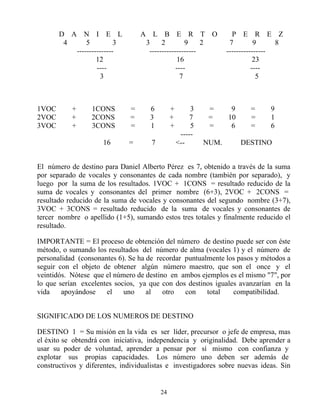 D A N I E L                A L B E R T O                     P E R E Z
        4     5          3         3     2         9    2          7         9     8
          ---------------           -------------------           ----------------
                  12                           16                            23
                  ----                         ----                         ----
                   3                             7                            5



1VOC       +      1CONS       =      6        +        3    =      9     =      9
2VOC       +      2CONS       =      3        +        7    =     10     =      1
3VOC       +      3CONS       =      1        +        5    =      6     =      6
                                                   -----
                     16       =      7            <--      NUM.        DESTINO


El número de destino para Daniel Alberto Pérez es 7, obtenido a través de la suma
por separado de vocales y consonantes de cada nombre (también por separado), y
luego por la suma de los resultados. 1VOC + 1CONS = resultado reducido de la
suma de vocales y consonantes del primer nombre (6+3), 2VOC + 2CONS =
resultado reducido de la suma de vocales y consonantes del segundo nombre (3+7),
3VOC + 3CONS = resultado reducido de la suma de vocales y consonantes de
tercer nombre o apellido (1+5), sumando estos tres totales y finalmente reducido el
resultado.

IMPORTANTE = El proceso de obtención del número de destino puede ser con éste
método, o sumando los resultados del número de alma (vocales 1) y el número de
personalidad (consonantes 6). Se ha de recordar puntualmente los pasos y métodos a
seguir con el objeto de obtener algún número maestro, que son el once y el
veintidós. Nótese que el número de destino en ambos ejemplos es el mismo "7", por
lo que serían excelentes socios, ya que con dos destinos iguales avanzarían en la
vida    apoyándose    el    uno     al   otro   con    total   compatibilidad.


SIGNIFICADO DE LOS NUMEROS DE DESTINO

DESTINO 1 = Su misión en la vida es ser líder, precursor o jefe de empresa, mas
el éxito se obtendrá con iniciativa, independencia y originalidad. Debe aprender a
usar su poder de voluntad, aprender a pensar por sí mismo con confianza y
explotar sus propias capacidades. Los número uno deben ser además de
constructivos y diferentes, individualistas e investigadores sobre nuevas ideas. Sin


                                         24
 