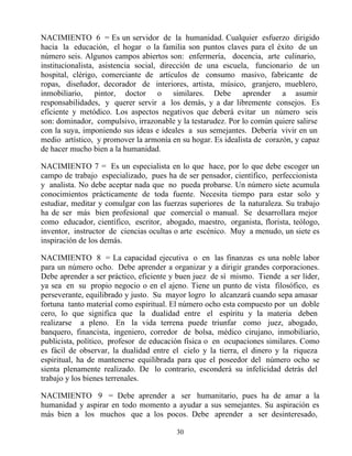 NACIMIENTO 6 = Es un servidor de la humanidad. Cualquier esfuerzo dirigido
hacia la educación, el hogar o la familia son puntos claves para el éxito de un
número seis. Algunos campos abiertos son: enfermería, docencia, arte culinario,
institucionalista, asistencia social, dirección de una escuela, funcionario de un
hospital, clérigo, comerciante de artículos de consumo masivo, fabricante de
ropas, diseñador, decorador de interiores, artista, músico, granjero, mueblero,
inmobiliario, pintor, doctor o similares. Debe aprender a asumir
responsabilidades, y querer servir a los demás, y a dar libremente consejos. Es
eficiente y metódico. Los aspectos negativos que deberá evitar un número seis
son: dominador, compulsivo, irrazonable y la testarudez. Por lo común quiere salirse
con la suya, imponiendo sus ideas e ideales a sus semejantes. Debería vivir en un
medio artístico, y promover la armonía en su hogar. Es idealista de corazón, y capaz
de hacer mucho bien a la humanidad.

NACIMIENTO 7 = Es un especialista en lo que hace, por lo que debe escoger un
campo de trabajo especializado, pues ha de ser pensador, científico, perfeccionista
y analista. No debe aceptar nada que no pueda probarse. Un número siete acumula
conocimientos prácticamente de toda fuente. Necesita tiempo para estar solo y
estudiar, meditar y comulgar con las fuerzas superiores de la naturaleza. Su trabajo
ha de ser más bien profesional que comercial o manual. Se desarrollara mejor
como educador, científico, escritor, abogado, maestro, organista, florista, teólogo,
inventor, instructor de ciencias ocultas o arte escénico. Muy a menudo, un siete es
inspiración de los demás.

NACIMIENTO 8 = La capacidad ejecutiva o en las finanzas es una noble labor
para un número ocho. Debe aprender a organizar y a dirigir grandes corporaciones.
Debe aprender a ser práctico, eficiente y buen juez de sí mismo. Tiende a ser líder,
ya sea en su propio negocio o en el ajeno. Tiene un punto de vista filosófico, es
perseverante, equilibrado y justo. Su mayor logro lo alcanzará cuando sepa amasar
fortuna tanto material como espiritual. El número ocho esta compuesto por un doble
cero, lo que significa que la dualidad entre el espíritu y la materia deben
realizarse a pleno. En la vida terrena puede triunfar como juez, abogado,
banquero, financista, ingeniero, corredor de bolsa, médico cirujano, inmobiliario,
publicista, político, profesor de educación física o en ocupaciones similares. Como
es fácil de observar, la dualidad entre el cielo y la tierra, el dinero y la riqueza
espiritual, ha de mantenerse equilibrada para que el poseedor del número ocho se
sienta plenamente realizado. De lo contrario, esconderá su infelicidad detrás del
trabajo y los bienes terrenales.

NACIMIENTO 9 = Debe aprender a ser humanitario, pues ha de amar a la
humanidad y aspirar en todo momento a ayudar a sus semejantes. Su aspiración es
más bien a los muchos que a los pocos. Debe aprender a ser desinteresado,

                                        30
 