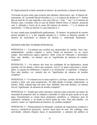 El dígito potencial se halla sumando el número de nacimiento y número de destino.

Volviendo un poco atrás, para avanzar más adelante, observemos que el número de
nacimiento de Leonardo David Gonzáles es 3, y su número de destino es 7. Ambos
dan un total de 10, que reducido a una sola cifra es 1. Este " uno " es el número de
Destino para Leonardo. Para el caso de Daniel Alberto Pérez, el número potencial
será 3, obtenido a través de la suma del número de destino = 7 y el número de
nacimiento = 5; Dan un total de 12, que reducido es 3.

Es muy simple para ejemplificarlo gráficamente. El número de potencial de nuestro
primer ejemplo es 1, y del segundo ejemplo es 3. Ambos se obtienen sumado el
número de nacimiento al número de destino y reduciendo finalmente.


SIGNIFICADO DEL NUMERO POTENCIAL

POTENCIAL 1 = Un número uno, recibirá una oportunidad de mandar. Será muy
independiente, creador, original y activo. Puede ser precursor en un nuevo
campo. Será ambicioso, sagaz y agresivo. Debe evitar ser obstinado y dominador.
Para más detalles, ver número uno en "significados de números de nombre
completo".

POTENCIAL 2 = Un número dos tiene las cualidades de un diplomático, puede
marchar con los demás y hacer que cooperen con él. Le gusta coleccionar y reunir
datos. Le gustan las bibliotecas y museos y su inclinación es espiritual o religiosa.
Para más detalles, ver número dos en "significados de números de nombre
completo".

POTENCIAL 3 = Un número tres es auto-expresivo y de buen sentido del humor. Es
creador y tiene una gran imaginación. No debe perder el tiempo dispersando su
talento. Debe trabajar bajo una meta bien definida. Para más detalles, ver número
tres en "significados de números de nombre completo".

POTENCIAL 4 = Tendrá que echar cimientos prácticos para concretar sus metas. Su
tenacidad de propósito más su simpatía y honradez le serán de gran ayuda en lo que
haga. Generalmente se vuelca hacia propósitos científicos o religiosos, pero de
naturaleza ortodoxa y no desde un nuevo punto de vista. Para más detalles, ver
número cuatro en "significados de números de nombre completo".

POTENCIAL 5 = Potencialmente la búsqueda constante de experiencias conducen a
nuevos y productivos proyectos, incluso hasta lejos de casa. Sin embargo estas
actividades deberán dirigirse hacia el mejoramiento y adelanto del público en

                                         32
 