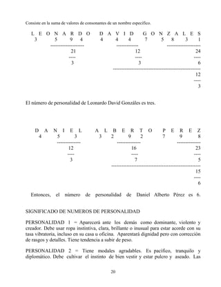 20
Consiste en la suma de valores de consonantes de un nombre específico.
L E O N A R D O D A V I D G O N Z A L E S
3 5 9 4 4 4 4 7 5 8 3 1
-------------------- ------------- --------------------
21 12 24
---- ---- ----
3 3 6
----------------------------------------------------
12
----
3
El número de personalidad de Leonardo David Gonzáles es tres.
D A N I E L A L B E R T O P E R E Z
4 5 3 3 2 9 2 7 9 8
-------------- -------------- --------------
12 16 23
---- ---- ----
3 7 5
-----------------------------------------------------
15
----
6
Entonces, el número de personalidad de Daniel Alberto Pérez es 6.
SIGNIFICADO DE NUMEROS DE PERSONALIDAD
PERSONALIDAD 1 = Aparecerá ante los demás como dominante, violento y
creador. Debe usar ropa instintiva, clara, brillante o inusual para estar acorde con su
tasa vibratoria, incluso en su casa u oficina. Aparentará dignidad pero con corrección
de rasgos y detalles. Tiene tendencia a subir de peso.
PERSONALIDAD 2 = Tiene modales agradables. Es pacífico, tranquilo y
diplomático. Debe cultivar el instinto de bien vestir y estar pulcro y aseado. Las
 