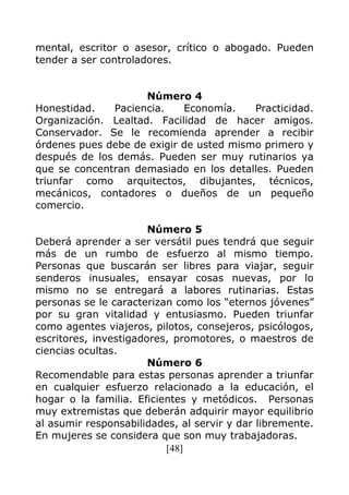 [48]
mental, escritor o asesor, crítico o abogado. Pueden
tender a ser controladores.
Número 4
Honestidad. Paciencia. Economía. Practicidad.
Organización. Lealtad. Facilidad de hacer amigos.
Conservador. Se le recomienda aprender a recibir
órdenes pues debe de exigir de usted mismo primero y
después de los demás. Pueden ser muy rutinarios ya
que se concentran demasiado en los detalles. Pueden
triunfar como arquitectos, dibujantes, técnicos,
mecánicos, contadores o dueños de un pequeño
comercio.
Número 5
Deberá aprender a ser versátil pues tendrá que seguir
más de un rumbo de esfuerzo al mismo tiempo.
Personas que buscarán ser libres para viajar, seguir
senderos inusuales, ensayar cosas nuevas, por lo
mismo no se entregará a labores rutinarias. Estas
personas se le caracterizan como los “eternos jóvenes”
por su gran vitalidad y entusiasmo. Pueden triunfar
como agentes viajeros, pilotos, consejeros, psicólogos,
escritores, investigadores, promotores, o maestros de
ciencias ocultas.
Número 6
Recomendable para estas personas aprender a triunfar
en cualquier esfuerzo relacionado a la educación, el
hogar o la familia. Eficientes y metódicos. Personas
muy extremistas que deberán adquirir mayor equilibrio
al asumir responsabilidades, al servir y dar libremente.
En mujeres se considera que son muy trabajadoras.
 