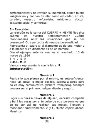 [50]
perfeccionistas y no revelan su intimidad, tienen buena
imaginación y podrían triunfar como educador, artista,
curador, maestro reformista, misionero, doctor,
asistente social y comercial.
5.- Reacción:
La reacción es la suma del CUERPO + MENTE Nos dice
¿Cómo es nuestro temperamento? ¿Cómo
reaccionamos ante las situaciones que se nos
presentan? Otra partecita de nuestra personalidad.
Representa al padre si el diamante es de una mujer y
a la madre si en diamante es de un hombre.
Con el ejemplo anterior veamos el resultado: 13 de
marzo de 1960
3 4 7 5 9
K-C-I- M-R
Vamos a representarla con la letra: R
Interpretación:
Número 1
Realiza lo que piensa por sí mismo, es autosuficiente.
Hace las cosas lo mejor posible, supera a otros pero
no es muy comunicativo (deberá trabajarlo). Siempre
procura ser el primero, independiente y seguro.
Número 2
Logra sus fines a través de alguien, necesita compañía
y hará las cosas por el impulso de otra persona ya que
de no ser así no realizan sus metas. Tienden a
reaccionar emotivamente. 2 (11) Mucha espiritualidad.
Maestros.
Número 3
 