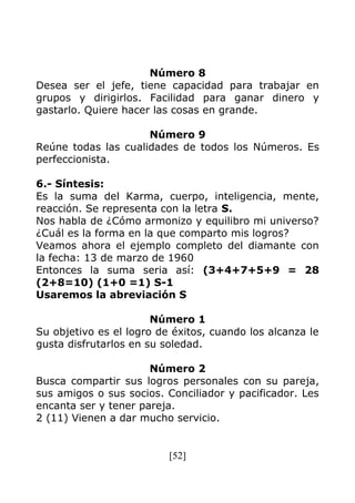 [52]
Número 8
Desea ser el jefe, tiene capacidad para trabajar en
grupos y dirigirlos. Facilidad para ganar dinero y
gastarlo. Quiere hacer las cosas en grande.
Número 9
Reúne todas las cualidades de todos los Números. Es
perfeccionista.
6.- Síntesis:
Es la suma del Karma, cuerpo, inteligencia, mente,
reacción. Se representa con la letra S.
Nos habla de ¿Cómo armonizo y equilibro mi universo?
¿Cuál es la forma en la que comparto mis logros?
Veamos ahora el ejemplo completo del diamante con
la fecha: 13 de marzo de 1960
Entonces la suma seria así: (3+4+7+5+9 = 28
(2+8=10) (1+0 =1) S-1
Usaremos la abreviación S
Número 1
Su objetivo es el logro de éxitos, cuando los alcanza le
gusta disfrutarlos en su soledad.
Número 2
Busca compartir sus logros personales con su pareja,
sus amigos o sus socios. Conciliador y pacificador. Les
encanta ser y tener pareja.
2 (11) Vienen a dar mucho servicio.
 