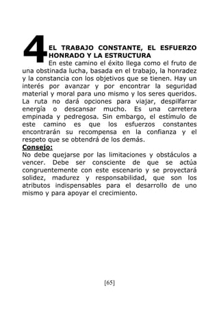 [65]
EL TRABAJO CONSTANTE, EL ESFUERZO
HONRADO Y LA ESTRUCTURA
En este camino el éxito llega como el fruto de
una obstinada lucha, basada en el trabajo, la honradez
y la constancia con los objetivos que se tienen. Hay un
interés por avanzar y por encontrar la seguridad
material y moral para uno mismo y los seres queridos.
La ruta no dará opciones para viajar, despilfarrar
energía o descansar mucho. Es una carretera
empinada y pedregosa. Sin embargo, el estímulo de
este camino es que los esfuerzos constantes
encontrarán su recompensa en la confianza y el
respeto que se obtendrá de los demás.
Consejo:
No debe quejarse por las limitaciones y obstáculos a
vencer. Debe ser consciente de que se actúa
congruentemente con este escenario y se proyectará
solidez, madurez y responsabilidad, que son los
atributos indispensables para el desarrollo de uno
mismo y para apoyar el crecimiento.
4
 