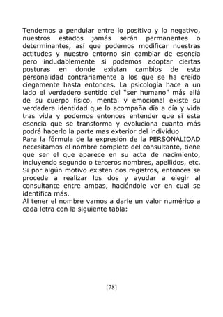 [78]
Tendemos a pendular entre lo positivo y lo negativo,
nuestros estados jamás serán permanentes o
determinantes, así que podemos modificar nuestras
actitudes y nuestro entorno sin cambiar de esencia
pero indudablemente si podemos adoptar ciertas
posturas en donde existan cambios de esta
personalidad contrariamente a los que se ha creído
ciegamente hasta entonces. La psicología hace a un
lado el verdadero sentido del “ser humano” más allá
de su cuerpo físico, mental y emocional existe su
verdadera identidad que lo acompaña día a día y vida
tras vida y podemos entonces entender que si esta
esencia que se transforma y evoluciona cuanto más
podrá hacerlo la parte mas exterior del individuo.
Para la fórmula de la expresión de la PERSONALIDAD
necesitamos el nombre completo del consultante, tiene
que ser el que aparece en su acta de nacimiento,
incluyendo segundo o terceros nombres, apellidos, etc.
Si por algún motivo existen dos registros, entonces se
procede a realizar los dos y ayudar a elegir al
consultante entre ambas, haciéndole ver en cual se
identifica más.
Al tener el nombre vamos a darle un valor numérico a
cada letra con la siguiente tabla:
 