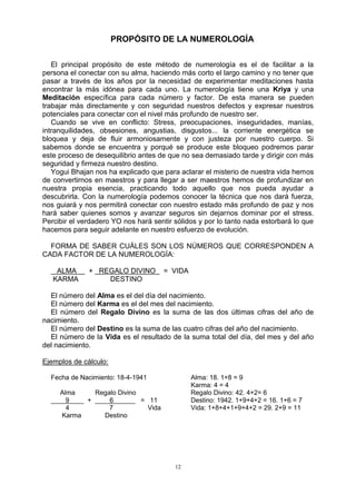12
PROPÓSITO DE LA NUMEROLOGÍA
El principal propósito de este método de numerología es el de facilitar a la
persona el conectar con su alma, haciendo más corto el largo camino y no tener que
pasar a través de los años por la necesidad de experimentar meditaciones hasta
encontrar la más idónea para cada uno. La numerología tiene una Kriya y una
Meditación específica para cada número y factor. De esta manera se pueden
trabajar más directamente y con seguridad nuestros defectos y expresar nuestros
potenciales para conectar con el nivel más profundo de nuestro ser.
Cuando se vive en conflicto: Stress, preocupaciones, inseguridades, manías,
intranquilidades, obsesiones, angustias, disgustos... la corriente energética se
bloquea y deja de fluir armoniosamente y con justeza por nuestro cuerpo. Si
sabemos donde se encuentra y porqué se produce este bloqueo podremos parar
este proceso de desequilibrio antes de que no sea demasiado tarde y dirigir con más
seguridad y firmeza nuestro destino.
Yogui Bhajan nos ha explicado que para aclarar el misterio de nuestra vida hemos
de convertirnos en maestros y para llegar a ser maestros hemos de profundizar en
nuestra propia esencia, practicando todo aquello que nos pueda ayudar a
descubrirla. Con la numerología podemos conocer la técnica que nos dará fuerza,
nos guiará y nos permitirá conectar con nuestro estado más profundo de paz y nos
hará saber quienes somos y avanzar seguros sin dejarnos dominar por el stress.
Percibir el verdadero YO nos hará sentir sólidos y por lo tanto nada estorbará lo que
hacemos para seguir adelante en nuestro esfuerzo de evolución.
FORMA DE SABER CUÁLES SON LOS NÚMEROS QUE CORRESPONDEN A
CADA FACTOR DE LA NUMEROLOGÍA:
ALMA + REGALO DIVINO = VIDA
KARMA DESTINO
El número del Alma es el del día del nacimiento.
El número del Karma es el del mes del nacimiento.
El número del Regalo Divino es la suma de las dos últimas cifras del año de
nacimiento.
El número del Destino es la suma de las cuatro cifras del año del nacimiento.
El número de la Vida es el resultado de la suma total del día, del mes y del año
del nacimiento.
Ejemplos de cálculo:
Fecha de Nacimiento: 18-4-1941 Alma: 18. 1+8 = 9
Karma: 4 = 4
Alma Regalo Divino Regalo Divino: 42. 4+2= 6
____9____ + ____6______ = 11 Destino: 1942. 1+9+4+2 = 16. 1+6 = 7
4 7 Vida Vida: 1+8+4+1+9+4+2 = 29. 2+9 = 11
Karma Destino
 