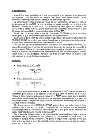120
3. Ayuda mutua:
Uno de los otros aspectos es el que corresponde a las parejas, a las personas
que conviven, también entre los amigos que tienen una fuerte relación, entre
hermanos, y entre padres e hijos, y porqué no, entre hijos y padres.
La combinación de la numerología mutua es muy interesante, porque si el número
del ALMA o el del KARMA de una de estas personas coincide con el número del
REGALO DIVINO de la otra, esta, por el hecho de tener fijada la cualidad que
coresponde al citado número, quiere decir que está capacitada para ayudar a la otra
a trabajar con seguridad el proceso del ALMA o del KARMA.
En el caso de la coincidencia con el número del DESTINO no tiene la misma
fuerza, pero sí que también tiene posibilidades de poder orientar.
Si el número de la VIDA de una de estas dos personas es igual que el número del
REGALO DIVINO de la otra, esta puede hacerle ver si actúa correctamente o no en
el desarrollo del sentido del número que tiene en la VIDA.
Por otro lado es muy interesante saber y entender la numerología de los hijos. Así
se puede comprender el por qué de su manera de ser, de su manera de responder a
las situaciones. Al tratarlos, se puede saber cómo hacerlo y entender sus reacciones
y evitar, a menudo, incomprensiones y malentendidos y se les puede ayudar cuando
tienen dudas e inseguridades. También los hijos pueden hacer lo mismo si se
interesan por la numerología de los padres.
Ejemplos:
 1era. persona: 7 - 3 -1954
Regalo Divino
___ 7_____ + ____9_____ = 11
3 10
 2da. persona: 27 - 1 - 1931
Alma Regalo Divino
___ 9_____ + ____4_____ = 6
1 5
La primera persona tiene un nueve en el REGALO DIVINO que es la que está
capacitada para ayudar a la segunda persona que tiene el nueve en el ALMA.
Porque la parte negativa del número nueve en el ALMA quiere decir que la persona
tiene dudas, insatisfacciones, incapacitada para enseñar y se exige y exige, pero sin
profundizar nada. Tampoco es capaz de ser demasiado perceptiva para captar la
sutilidad de lo que le rodea.
El número nueve en el REGALO DIVINO quiere decir que esta persona tiene
facilidad para aprender con rapidez y enseñar dé una manera que se entienda.
Tiene receptividad y se da cuenta rápidamente de lo que pasa en su entorno y se
puede hacer rápidamente "dueño de la situación".
Por lo tanto la primera persona es quien tiene la capacidad de ayudar a la otra,
haciéndole ver y explicándole con paciencia y con método, si hace falta, que
conozca el porqué de las situaciones. Así podrá ir adquiriendo seguridad propia que
es lo que le ayudará a tener la sutilidad en todo aquello en que se vea envuelta y
actuar sin confusiones.
 