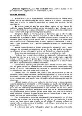 58
¿Aspectos negativos? ¿Aspectos positivos? Ahora veremos cuales son los
que caracterizan a las personas con este siete en el Alma.
Aspectos Negativos:
 A nivel de conciencia estas personas tendrán el conflicto de pereza contra
acción, porque, para la elevación es preciso elevarse a sí mismo y mientras no
hagan eso, el poder de elevación quedará en los niveles más anímicos, sin fluir
naturalmente.
 No tendrán fuerza de voluntad para actuar, aunque se den cuenta del
problema, a pesar de sus buenas intenciones, les costará un gran esfuerzo pasar a
la acción. Por lo tanto, si no pasan a la acción no tendrán el suficiente conocimiento
para poder elevar la propia conciencia y la de los demás.
 Siempre se dicen a sí mismos que lo han de intentar, pero la intención sólo
les sirve para el intento. Los hay que se pasan la vida intentándolo. No se dan
cuenta de que el poder de su mente se pone en evidencia cuando se dicen que ya lo
intentarán, pero así seguro que hay un 99% de probabilidades que no lo harán,
porque cuando dicen que lo intentarán, se están afirmando mentalmente, que no lo
harán, porque en realidad girar y cambiar los modelos y las pautas convencionales
es muy difícil.
 Aunque momentáneamente lleguen a comprender su proceso interno, serán
incapaces de expresarlo correctamente, porque les es más fácil la comprensión
mental que no la integración y por lo tanto la manifestación de esta comprensión.
 Según sean sus estados de ánimo encontrarán su vida buena o mala.
 Tienden a caer en depresiones, todo y que tratándolos no lo parezcan. Son
depresiones internas, y a veces muy profundas. Les cuesta mucho superarlas
porque su confusión es tan grande que cuando viven una situación adversa les
parece muy real y la manera de justificar su conducta es buscando la culpa fuera de
ellos. Estas depresiones acostumbran a ser cíclicas.
 Cuanto más a menudo y más profundas sean, más se encierran en su propia
casa, sin ganas de salir, de tener contactos o actividades fuera; se encuentran muy
bien en su casa. Es una manera de vivir dentro de su caparazón, de su casa interna
y no quieren salir porque se sienten muy protegidas.
 Cuando viven los aspectos del número siete negativamente porque se
encuentran bajas de energía pueden ser fácilmente influidas por otras personas, por
situaciones.... porque el aura se oscurece, se debilita, se reduce y en consecuencia
es muy limitada, esto es lo que les hace vulnerables, y les impide poder controlar las
situaciones.
 a Si este estado anímico, que acabamos de describir no se soluciona, estas
personas acaban por somatizarlo en enfermedades que pueden ser complejas de
diagnosticar. Por eso la depresión, la neurosis, no son tan fáciles de combatir, por
que la base del problema puede encontrarse muy en el fondo. Incluso, puede haber
una ligera y profunda necesidad de dejar de existir, pero aún así, inconscientemente,
o conscientemente, buscan quién o qué les ayude a salir porque de hecho, ellas no
tienen suficiente capacidad energética para llevarlo a término por sí solas, por la
sencilla razón de que no tienen fuerte el aura.
 Pero también puede pasar que sea tan profunda la depresión, tan difícil de
encontrar una solución, que el estado anímico esté tan bloqueado que la única
manera de hacer mover esta energía sea el suicidio. El bloqueo profundo es
precisamente un estancamiento energético y este bloqueo energético se ha de
aflojar de una manera u otra.
 Si no tienen el aura fuerte, no la podrán utilizar. Eso es lo que les imposibilita
 