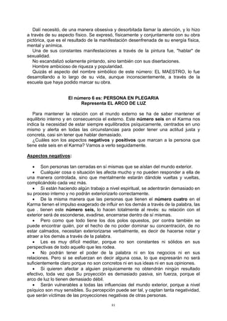 81
Dalí necesitó, de una manera obsesiva y desorbitada llamar la atención, y lo hizo
a través de su aspecto físico. Se expresó, físicamente y conjuntamente con su obra
pictórica, que es el resultado de la manifestación desenfrenada de su energía física,
mental y anímica.
Una de sus constantes manifestaciones a través de la pintura fue, "hablar" de
sexualidad.
No escandalizó solamente pintando, sino también con sus disertaciones.
Hombre ambicioso de riqueza y popularidad.
Quizás el aspecto del nombre simbólico de este número: EL MAESTRO, lo fue
desarrollando a lo largo de su vida, aunque inconscientemente, a través de la
escuela que haya podido marcar su obra.
El número 6 es: PERSONA EN PLEGARIA
Representa EL ARCO DE LUZ
Para mantener la relación con el mundo externo se ha de saber mantener el
equilibrio interno y en consecuencia el externo. Este número seis en el Karma nos
indica la necesidad de estar siempre equilibrados psíquicamente, centrados en uno
mismo y alerta en todas las circunstancias para poder tener una actitud justa y
concreta, casi sin tener que hablar demasiado.
¿Cuáles son los aspectos negativos y positivos que marcan a la persona que
tiene este seis en el Karma? Vamos a verlo seguidamente.
Aspectos negativos:
 Son personas tan cerradas en sí mismas que se aíslan del mundo exterior.
 Cualquier cosa o situación les afecta mucho y no pueden responder a ella de
una manera controlada, sino que mentalmente estarán dándole vueltas y vueltas,
complicándolo cada vez más.
 Si están haciendo algún trabajo a nivel espiritual, se adentrarán demasiado en
su proceso interno y no podrán exteriorizarlo correctamente.
 De la misma manera que las personas que tienen el número cuatro en el
Karma tienen el impulso exagerado de influir en los demás a través de la palabra, las
que . tienen este número seis, lo hacen totalmente al revés: su relación con el
exterior será de esconderse, evadirse, encerrarse dentro de sí mismas.
 Pero como que todo tiene los dos polos opuestos, por contra también se
puede encontrar quién, por el hecho de no poder dominar su concentración, de no
estar calmados, necesitan exteriorizarse verbalmente, es decir de hacerse notar y
atraer a los demás a través de la palabra.
 Les es muy difícil meditar, porque no son constantes ni sólidos en sus
perspectivas de todo aquello que les rodea.
 No podrán tener el poder de la palabra ni en los negocios ni en sus
relaciones. Pero si se esfuerzan en decir alguna cosa, lo que expresarán no será
suficientemente claro porque no son concretos ni en sus ideas ni en sus opiniones.
 Si quieren afectar a alguien psíquicamente no obtendrán ningún resultado
efectivo, toda vez que Su proyección es demasiado pasiva, sin fuerza, porque el
arco de luz lo tienen demasiado débil.
 Serán vulnerables a todas las influencias del mundo exterior, porque a nivel
psíquico son muy sensibles. Su percepción puede ser tal, y captan tanta negatividad,
que serán víctimas de las proyecciones negativas de otras personas.
 