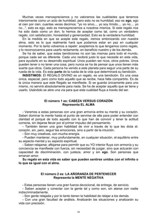 94
Muchas veces menospreciamos y no valoramos las cualidades que tenemos
interiormente como un acto de humildad, pero esto no es humildad, eso es ego, ego
al cien por cien, cuantas veces decimos: "yo no sirvo.... yo soy tímido.... yo no.... yo
no...", esto es ego, esto es menospreciarnos a nosotros mismos. Si este regalo nos
ha sido dado como un don, lo hemos de aceptar como tal, como un verdadero
regalo, con satisfacción, honestidad y generosidad. Esto es la verdadera humildad.
En la medida en que se acepte este regalo, iremos sintonizando con nuestra
alma, esto es lo que realmente hará que podamos estar en paz en cualquier
momento. Por lo tanto volvemos a repetir: aceptemos lo que tengamos como regalo,
y lo reconozcamos para usarlo rectamente, en beneficio nuestro y de los demás.
Se ha de saber, que estas bendiciones no son las mismas para todo el mundo,
porque cada ser es diferente. Cada uno recibirá justo lo que necesite en esta vida,
para ayudarlo en su desarrollo espiritual. Unos pueden ser ricos, otros pobres. Unos
pueden tener o no tener una cosa, pero nunca se ha de pensar que unos tienen más
suerte que otros. Cada persona ha venido a este planeta para seguir una parte de su
rueda de la vida. Es esta parte de la rueda de la vida que determinará su bendición.
INSISTIMOS: El REGALO DIVINO es un regalo, es una bendición. Es una cosa
única, especial, pero como todo aquello que se recibe, hace falta compartirlo. Es de
la única manera que este Regalo se manifieste. Si se guarda únicamente para uno
mismo, no servirá absolutamente para nada. Se ha de aceptar aquello que se tiene y
usarlo. Usándolo se abre una vía para que esta cualidad fluya a través del ser.
El número 1 es: CABEZA VERSUS CORAZÓN
Representa EL ALMA
- Veremos a estas personas con una gran armonía entre su mente y su corazón.
Saben dominar la mente hasta el punto de servirse de ella para poder entender con
claridad el porqué de todo aquello con lo que han de convivir y tener la actitud
correcta, sin dejarse llevar por el primer impulso del pensamiento.
- También tienen una gran habilidad de vivir a través de lo que les dicta el.
corazón, sin, pero, seguir las emociones, sino a partir de la intuición.
- Son muy creativas, con mucha energía.
- Pueden mantener, muy profundamente, en cualquier situación, el equilibrio entre
su aspecto mental y su aspecto espiritual.
- Saben relajarse; aflojarse para permitir que su YO interior fluya con armonía y su
conciencia se manifieste con fuerza, sin necesidad de juzgar, sino que actuarán con
capacidad de discriminación, con justeza, amor y sin ego. Son personas que
emanan amor.
Su regalo en esta vida es saber que pueden sentirse unidos con el infinito o
lo que es igual con el alma.
El número 2 es: LA AÑORANZA DE PERTENECER
Representa la MENTE NEGATIVA
- Estas personas tienen una gran fuerza devocional, de entrega, de servicio.
- Saben aceptar y conectar con la gente tal y como son, sin atarse con nadie
indiscriminadamente.
- Son gente relajada y por lo tanto tienen la habilidad de relajar a los demás.
- Con una gran facultad de análisis. Analizarán las situaciones y analizarán su
vida con precisión.
 
