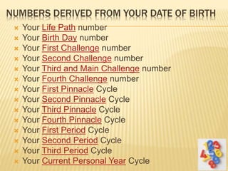 NUMBERS DERIVED FROM YOUR DATE OF BIRTH
 Your Life Path number
 Your Birth Day number
 Your First Challenge number
 Your Second Challenge number
 Your Third and Main Challenge number
 Your Fourth Challenge number
 Your First Pinnacle Cycle
 Your Second Pinnacle Cycle
 Your Third Pinnacle Cycle
 Your Fourth Pinnacle Cycle
 Your First Period Cycle
 Your Second Period Cycle
 Your Third Period Cycle
 Your Current Personal Year Cycle
 