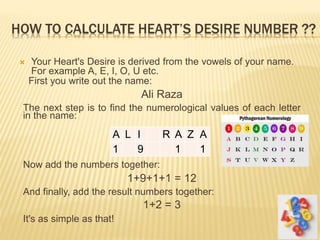 HOW TO CALCULATE HEART’S DESIRE NUMBER ??
 Your Heart's Desire is derived from the vowels of your name.
For example A, E, I, O, U etc.
First you write out the name:
Ali Raza
The next step is to find the numerological values of each letter
in the name:
Now add the numbers together:
1+9+1+1 = 12
And finally, add the result numbers together:
1+2 = 3
It's as simple as that!
A L I R A Z A
1 9 1 1
 
