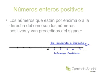 Números enteros positivos
• Los números que están por encima o a la
derecha del cero son los números
positivos y van precedidos del signo +.
 