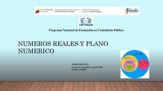 NUMEROS REALES Y PLANO
NUMERICO
Programa Nacional de Formación en Contaduría Pública
PARTICIPANTES:
Vasquez R. Marelbis C.I 16,414,598
Sección: CO0303
 