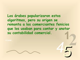 Los árabes popularizaron estos
 algoritmos, pero su origen se
 remonta a los comerciantes fenicios
 que los usaban para contar y anotar
 su contabilidad comercial.
                                1
013456…




                            4 2
                                5
 