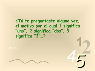 ¿Tú te preguntaste alguna vez,
     el motivo por el cual 1 significa
     “uno”, 2 significa “dos”, 3
     significa “3”…?

                                   1
013456…




                              4 2
                                   5
 