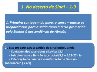 1. Primeira contagem do povo, o censo – marca os
preparatórios para a saída rumo à terra prometida
pelo Senhor à descendência de Abraão
2 . Este preparo para a partida do Sinai incluiu ainda:
- Contagem dos sacerdotes e Levitas (3,4)
- Leis diversas e a Benção sacerdotal (5,6 – 6:22-27) ler
- Celebração da páscoa e manifestação de Deus no
Tabernáculo ( 7 a 9)
1. No deserto de Sinai – 1-9
 