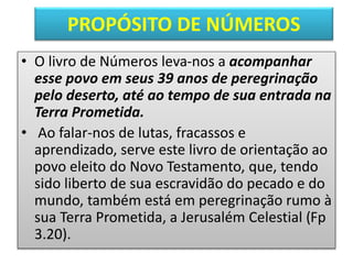 PROPÓSITO DE NÚMEROS
• O livro de Números leva-nos a acompanhar
esse povo em seus 39 anos de peregrinação
pelo deserto, até ao tempo de sua entrada na
Terra Prometida.
• Ao falar-nos de lutas, fracassos e
aprendizado, serve este livro de orientação ao
povo eleito do Novo Testamento, que, tendo
sido liberto de sua escravidão do pecado e do
mundo, também está em peregrinação rumo à
sua Terra Prometida, a Jerusalém Celestial (Fp
3.20).
 
