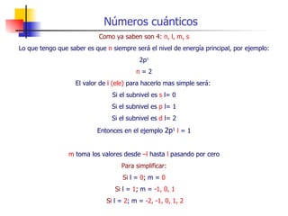 Números cuánticos Como ya saben son 4:  n, l, m, s Lo que tengo que saber es que  n  siempre será el nivel de energía principal, por ejemplo: 2p 1 n  = 2 El valor de  l (ele)  para hacerlo mas simple será:  Si el subnivel es  s  l= 0 Si el subnivel es  p  l= 1 Si el subnivel es  d  l= 2 Entonces en el ejemplo  2p 1   l  = 1 m  toma los valores desde  –l  hasta  l  pasando por cero Para simplificar: Si  l =  0 ; m =  0 Si  l =  1 ; m =  -1, 0, 1 Si  l =  2 ; m =  -2, -1, 0, 1, 2 