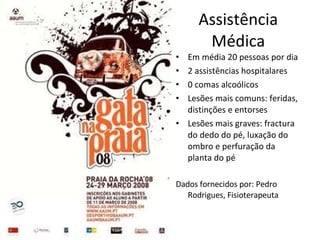 Assistência Médica Em média 20 pessoas por dia 2 assistências hospitalares 0 comas alcoólicos Lesões mais comuns: feridas, distinções e entorses Lesões mais graves: fractura do dedo do pé, luxação do ombro e perfuração da planta do pé Dados fornecidos por: Pedro Rodrigues, Fisioterapeuta