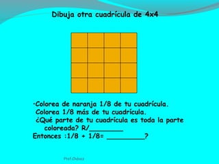 •Colorea de naranja 1/8 de tu cuadrícula.
Colorea 1/8 más de tu cuadrícula.
¿Qué parte de tu cuadrícula es toda la parte
coloreada? R/________
Entonces :1/8 + 1/8= _________?
Dibuja otra cuadrícula de 4x4
Ptof.Chávez
 