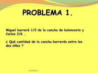 Miguel barrerá 1/2 de la cancha de baloncesto y
Carlos 2/6 .
¿ Qué cantidad de la cancha barrerán entre los
dos niños ?
PROBLEMA 1.PROBLEMA 1.
Ptof.Chávez
 