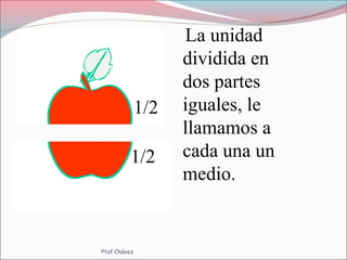 1/2
1/2
La unidad
dividida en
dos partes
iguales, le
llamamos a
cada una un
medio.
Ptof.Chávez
 
