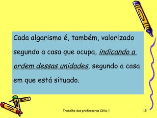 Cada algarismo é, também, valorizado  segundo a casa que ocupa,  indicando a  ordem dessas unidades , segundo a casa  em que está situado.  