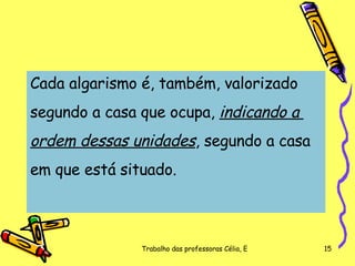 Cada algarismo é, também, valorizado  segundo a casa que ocupa,  indicando a  ordem dessas unidades , segundo a casa  em que está situado.  