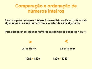 Comparação e ordenação de números inteiros Para comparar números inteiros é necessário verificar o número de algarismos que cada número tem e o valor de cada algarismo. Para comparar ou ordenar números utilizamos os símbolos > ou <. > < Lê-se Maior Lê-se Menor 1289  >  1220 1220  <  1289 