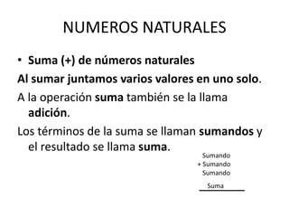 NUMEROS NATURALES
• Suma (+) de números naturales
Al sumar juntamos varios valores en uno solo.
A la operación suma también se la llama
adición.
Los términos de la suma se llaman sumandos y
el resultado se llama suma.
Sumando
+ Sumando
Sumando
Suma
 