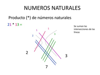 NUMEROS NATURALES
Producto (*) de números naturales
21 * 13 =
2
1
1
3
3
7
2
Se suman las
intersecciones de las
líneas
 