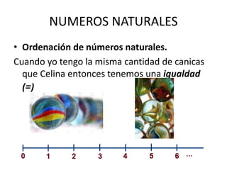 NUMEROS NATURALES
• Ordenación de números naturales.
Cuando yo tengo la misma cantidad de canicas
que Celina entonces tenemos una igualdad
(=)
 