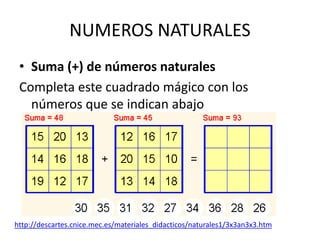 NUMEROS NATURALES
• Suma (+) de números naturales
Completa este cuadrado mágico con los
números que se indican abajo
http://descartes.cnice.mec.es/materiales_didacticos/naturales1/3x3an3x3.htm
 