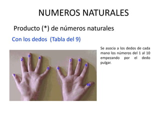 NUMEROS NATURALES
Producto (*) de números naturales
Con los dedos (Tabla del 9)
Se asocia a los dedos de cada
mano los números del 1 al 10
empezando por el dedo
pulgar.
 
