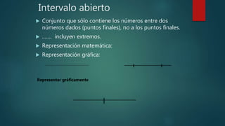 Intervalo abierto
 Conjunto que sólo contiene los números entre dos
números dados (puntos finales), no a los puntos finales.
 ……. incluyen extremos.
 Representación matemática:
 Representación gráfica:
Representar gráficamente
 