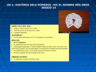  OBJECTIUS DEL JOC:
•        Llegir i escriure números de 2 xifres.
•        Valor de posició als números de 2 xifres.
•        Comparar quantitats.
 MATERIAL:
•        Joc de cartes amb números de l’1 al 9 (poden ser comercials).
 REGLES:
•        De 2 a 4 jugadors.
•        Es reparteixen totes les cartes entre els jugadors.
•        Cada jugador agafa dues si volem treballar números de dues xifres, tres cartes si en 
volem de tres, quatre i així successivament. Es tracta de fer el número més gros possible.
•        Es comparen les cartes i se les queda el que té el número més gros.
•        Guanya el jugador que ha aconseguit més cartes.
OBSERVACIONS:
•        És important començar amb dues xifres
UD-1: HISTÒRIA DELS NÚMEROS JOC EL NOMBRE MÉS GROS
SESSIÓ 14
 