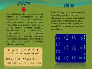 griegos                                    china
                                           En el año 1450 a. C. su numeración
Ellos tomaron de los egipcios el
                                           formaba parte de la escritura
sistema de numeración y los
                                           shang, era un sistema decimal que
acomodaron        a    sus    símbolos,
                                           utilizaba el criterio posicional y
utilizando trazos verticales para
                                           careció, durante todo el período
representar los números hasta el 4, y
                                           estudiado, de un signo especifico
la letra para el 5(penta), 10(deka),
                                           para el cero.
100(hekaton)         y     1000(khiloi),
convirtiéndose en un sistema
cacofónico, en el que las letras que
representan al numero correspondían
con la inicial de la palabra con las que
se les denominaba.
 