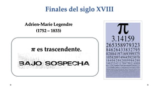 Adrien-Marie Legendre
(1752 – 1833)
Finales del siglo XVIII
𝝅 es trascendente.
 