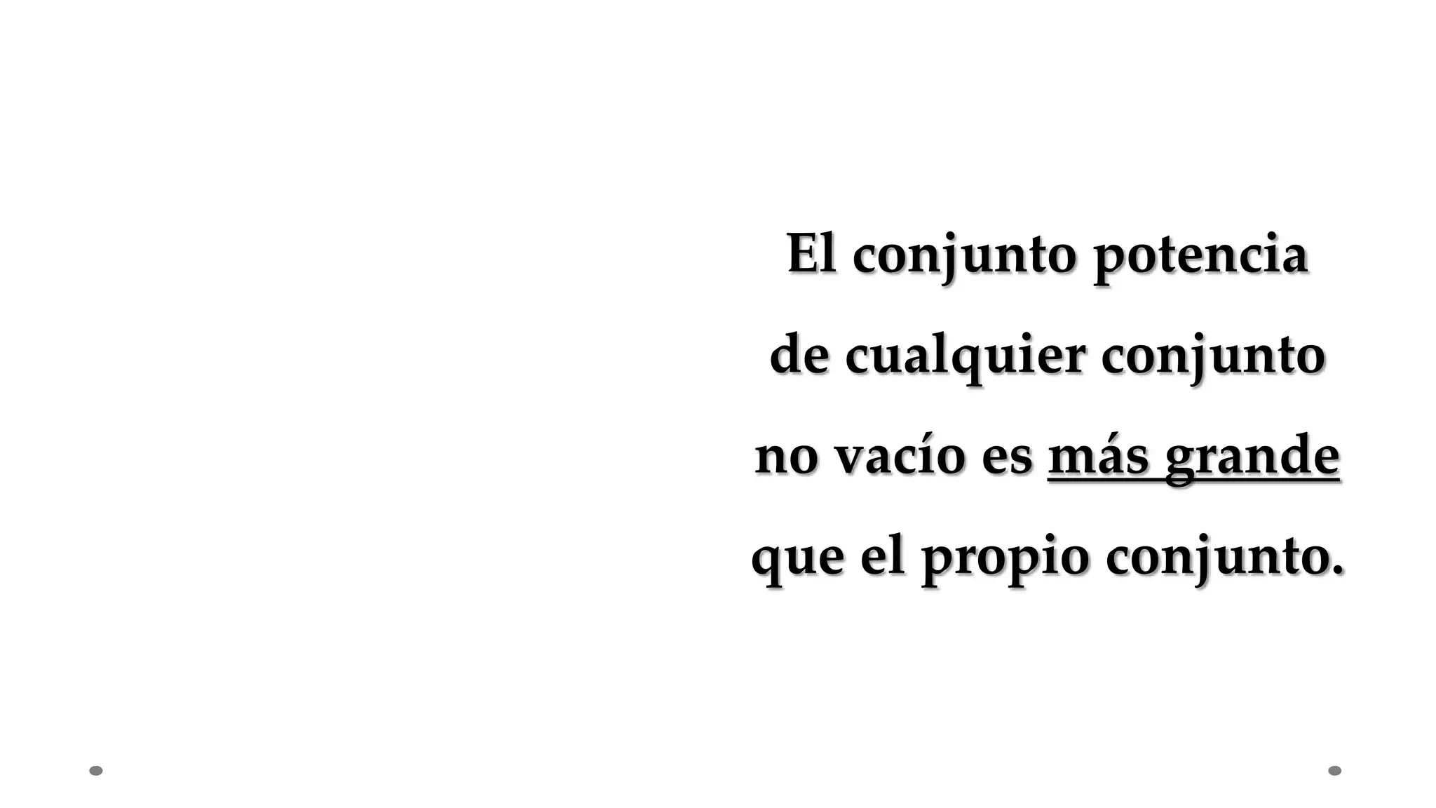 El conjunto potencia
de cualquier conjunto
no vacío es más grande
que el propio conjunto.
 