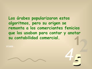 013456… 1 2 4 5 Los árabes popularizaron estos algoritmos, pero su origen se remonta a los comerciantes fenicios que los usaban para contar y anotar su contabilidad comercial. 