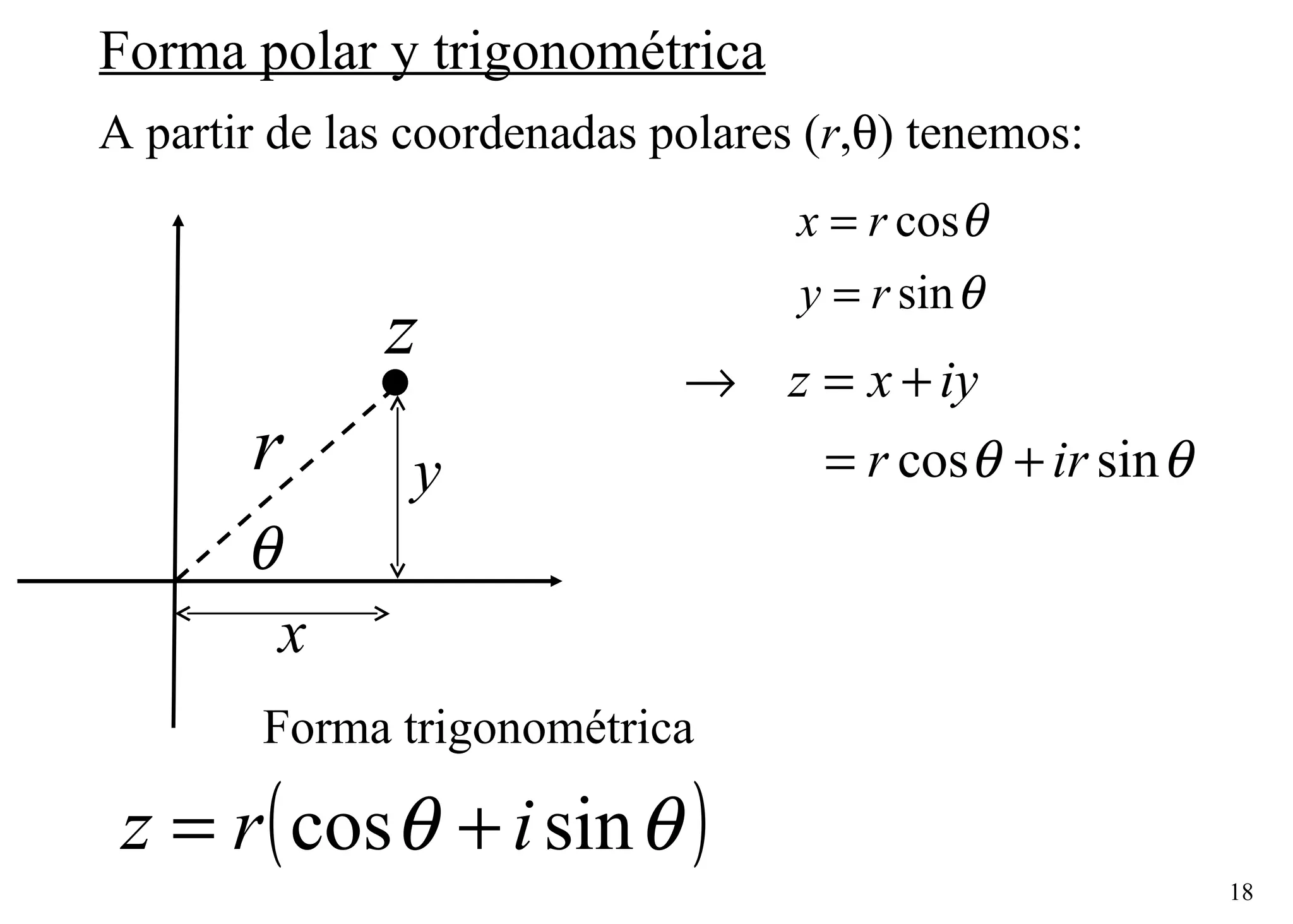 A partir de las  coordenadas polares ( r ,  )  tenemos : Forma polar y trigonométrica Forma trigonométrica 